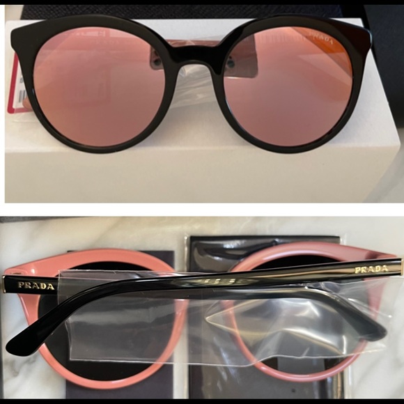 PRADA ROSE PINK MIRROR ROUND LENSES IN BLACK FRAMES WITH PINK ROSE DETAILING - Picture 16 of 16